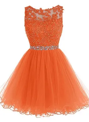 Round Neckline Orange Tulle Beaded Homecoming Dress, Short Party Dress Graduation Dress