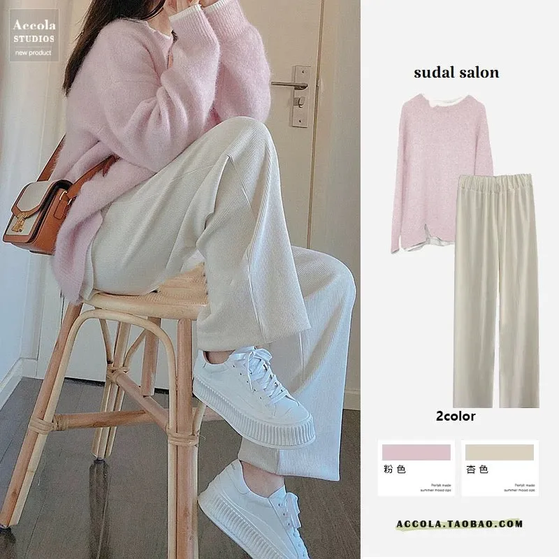 Salty or sweet two-piece set 2024 new autumn style temperament salty street fashion sweet sweater wide-leg pants suit