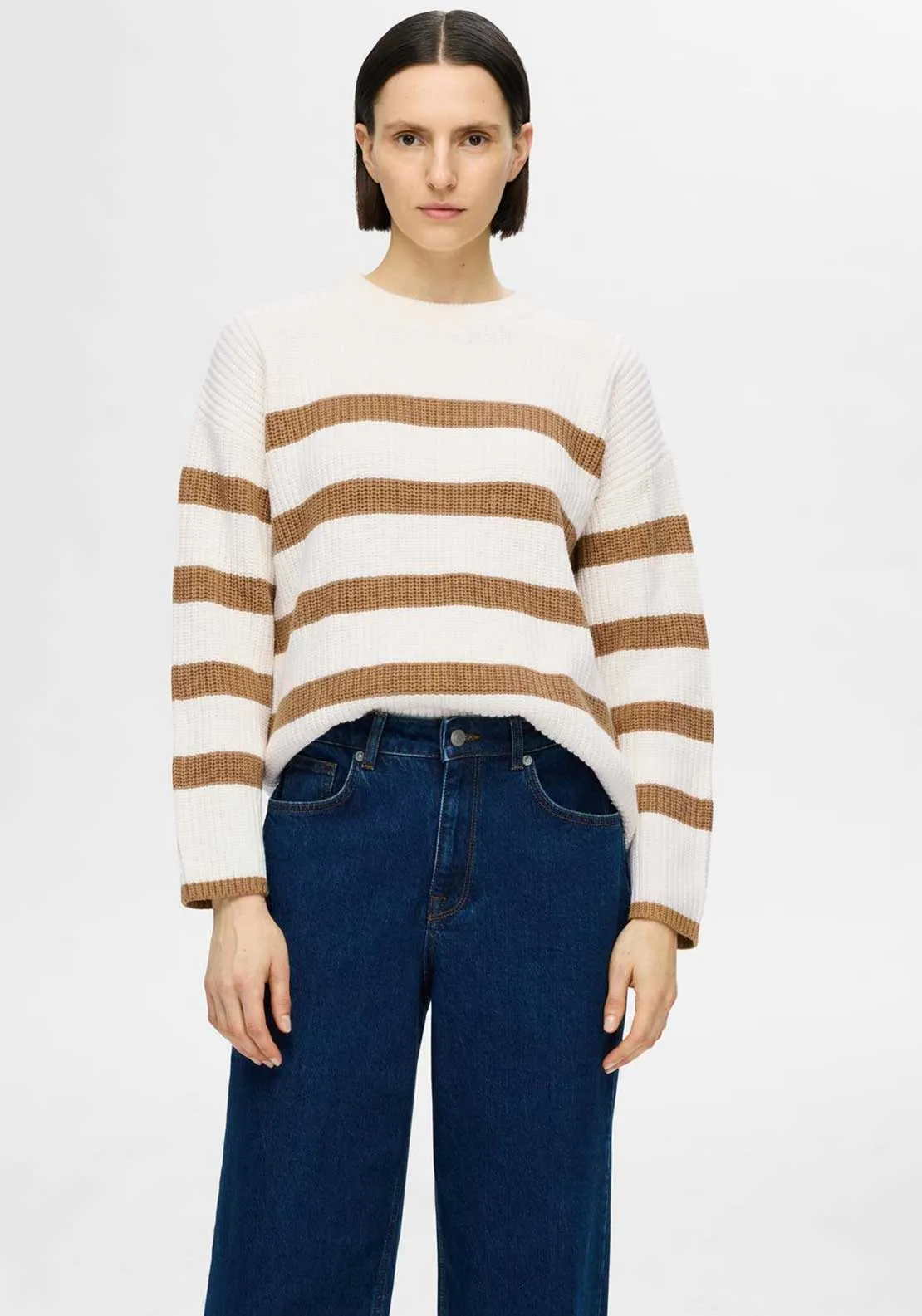 Selected Femme Bloomie Striped Knit Sweater, Snow White