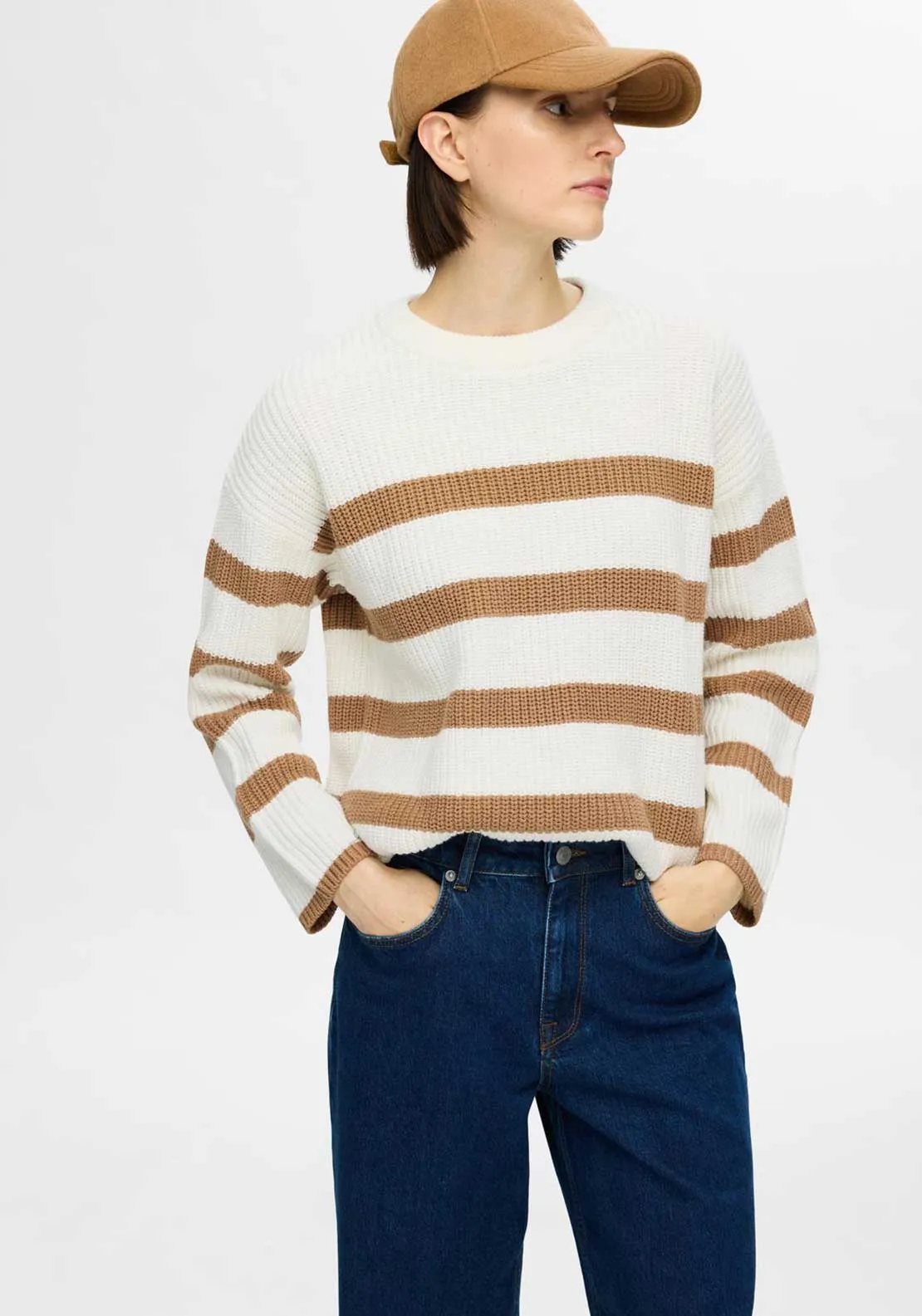 Selected Femme Bloomie Striped Knit Sweater, Snow White