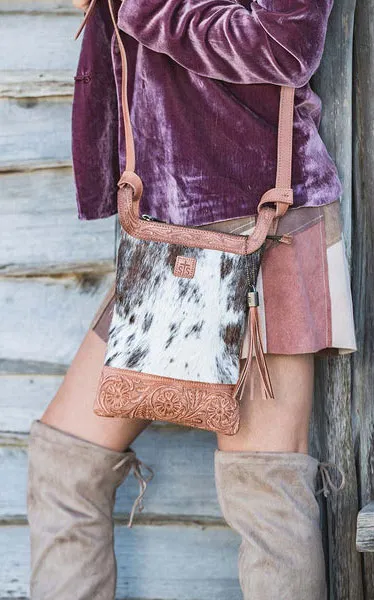 STS Ranchwear Yipee Kiyay Tawny Floral Tooled Leather & Hair On Hide Oblong Crossbody Bag