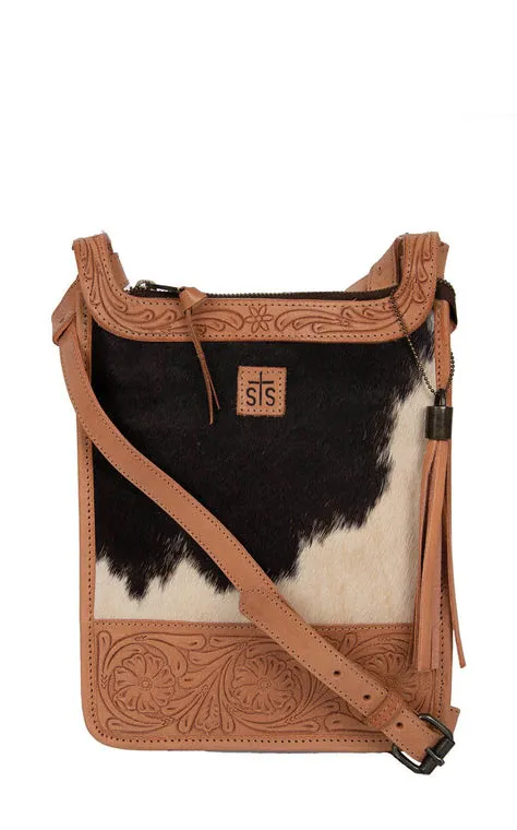 STS Ranchwear Yipee Kiyay Tawny Floral Tooled Leather & Hair On Hide Oblong Crossbody Bag