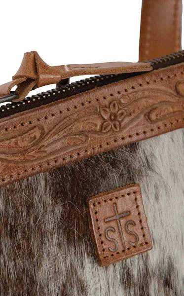 STS Ranchwear Yipee Kiyay Tawny Floral Tooled Leather & Hair On Hide Oblong Crossbody Bag