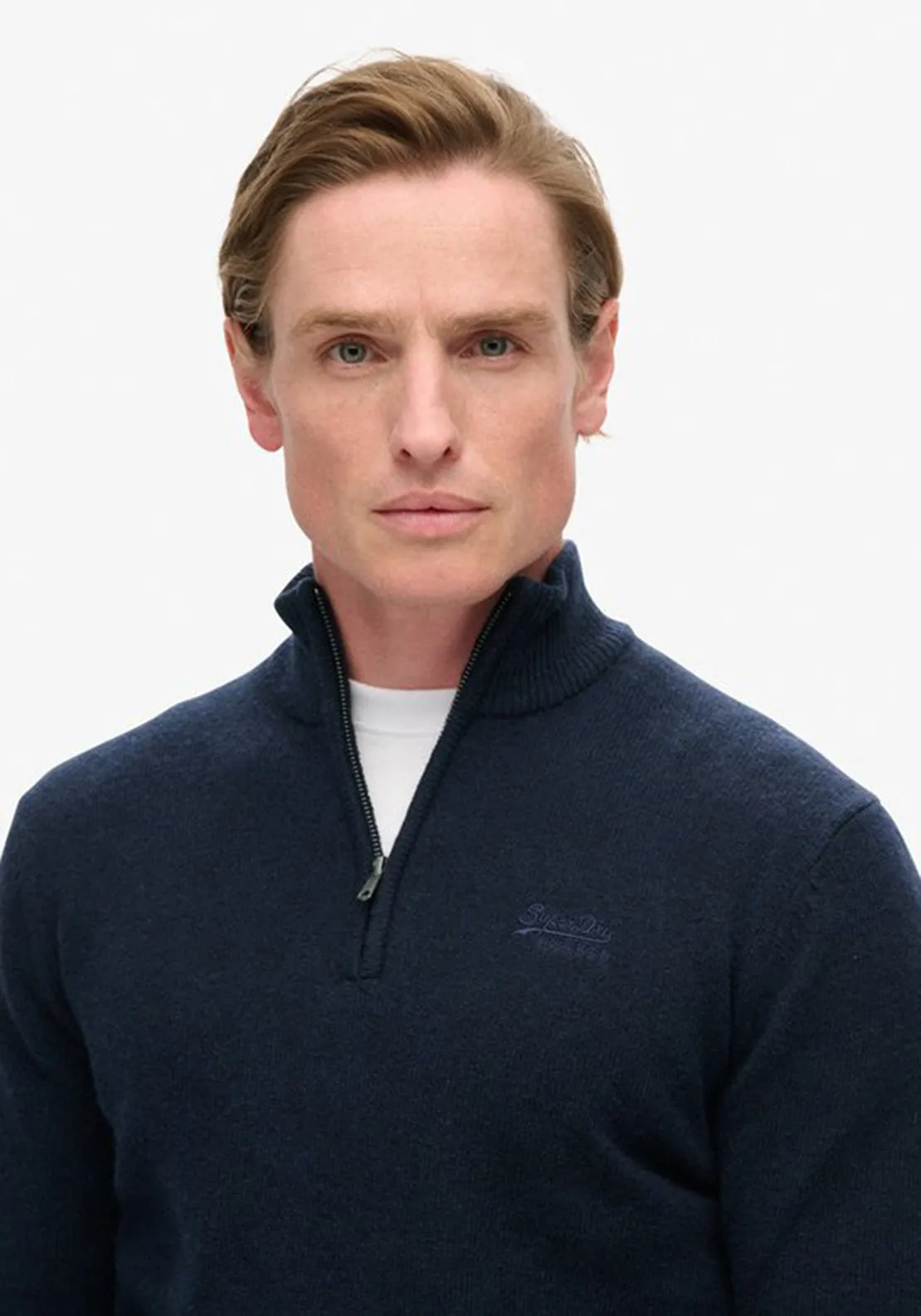 Superdry Essential Embroidered Knit Quarter Zip Sweater, Carbon Navy Marl