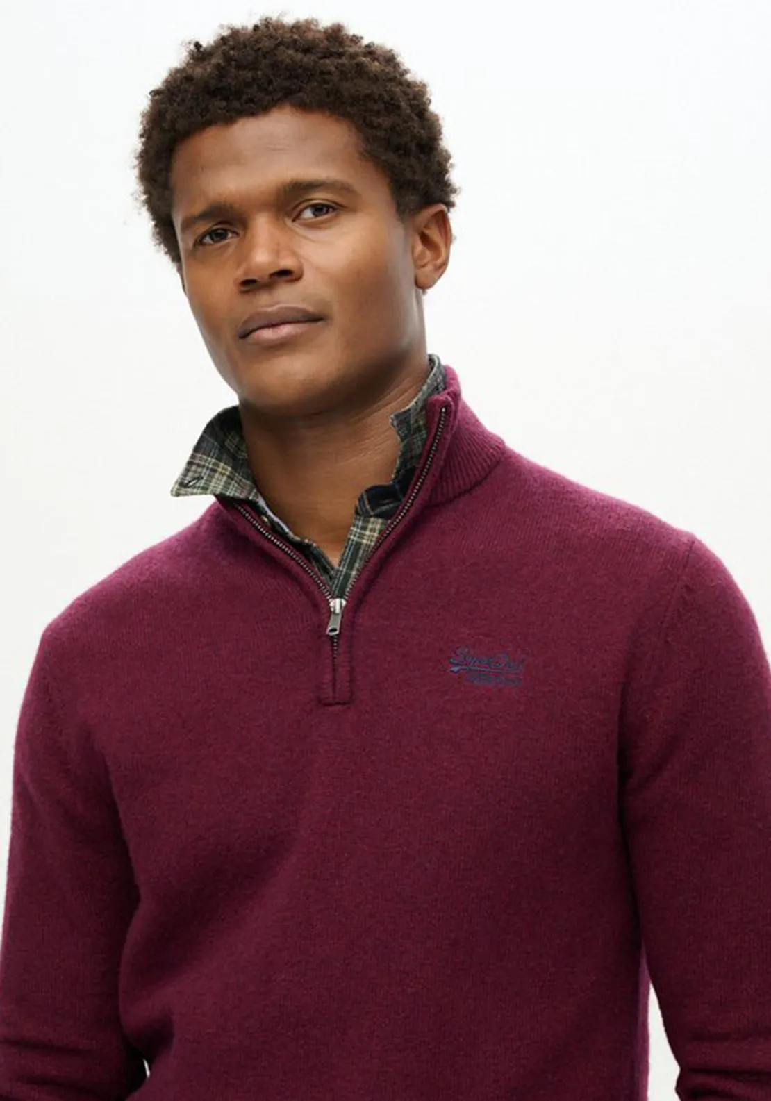 Superdry Essential Embroidered Knit Quarter Zip Sweater, Dark Berry