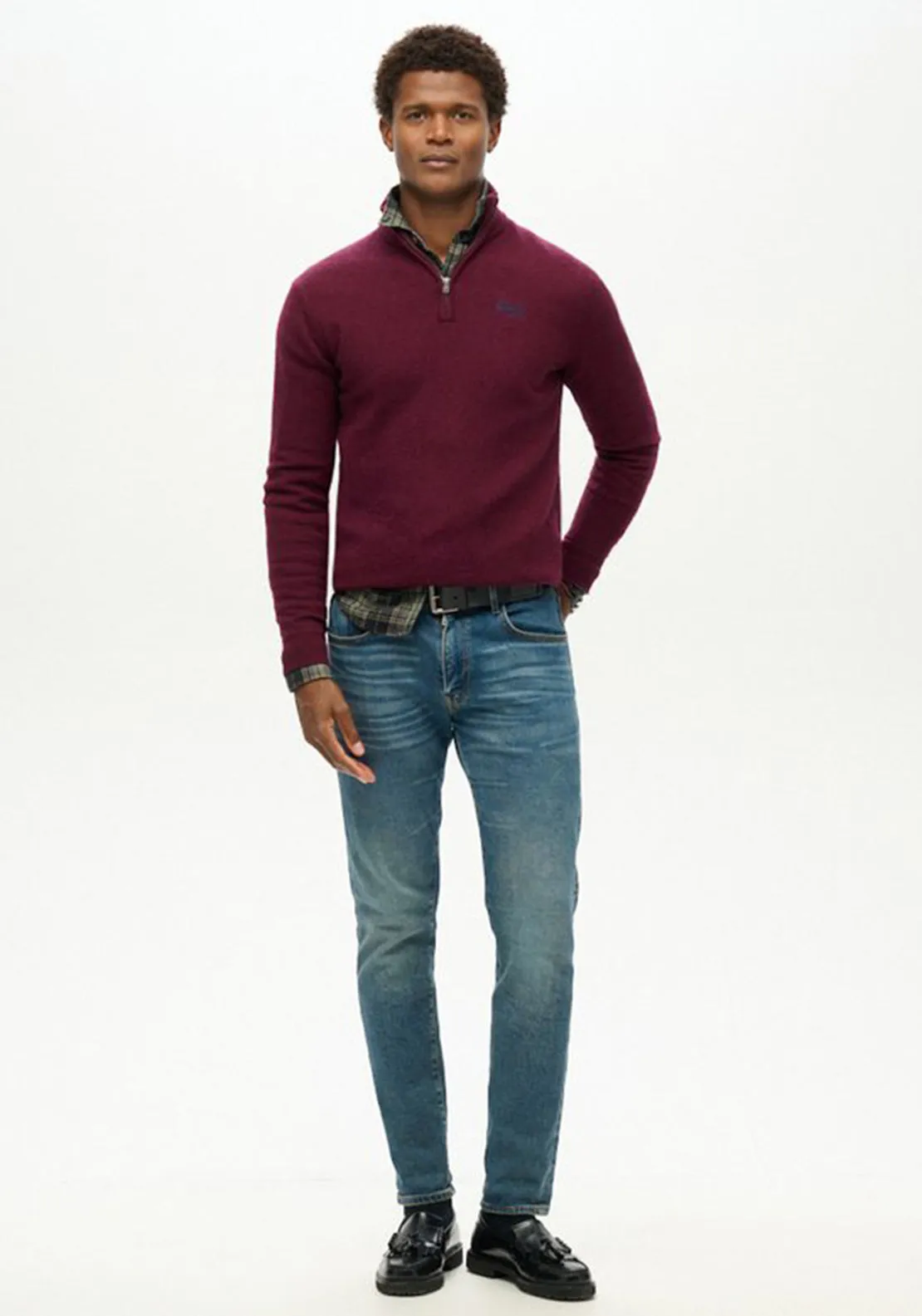 Superdry Essential Embroidered Knit Quarter Zip Sweater, Dark Berry