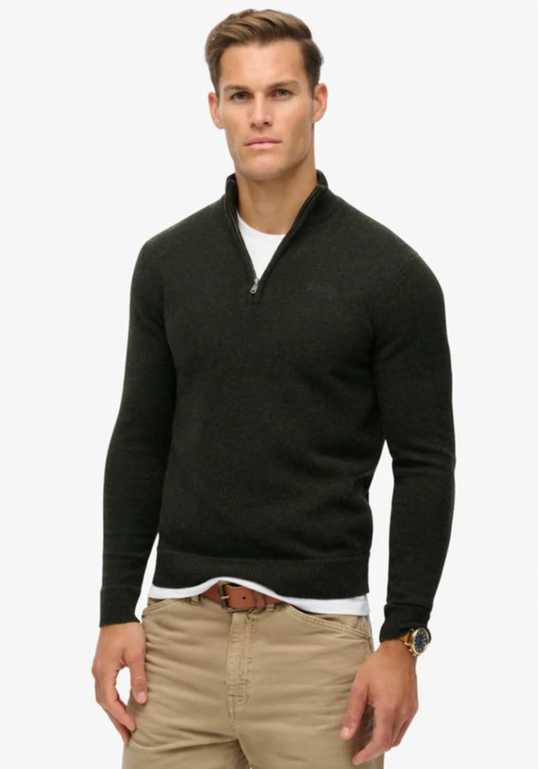 Superdry Essential Embroidered Knit Quarter Zip Sweater, Dark Moss Green