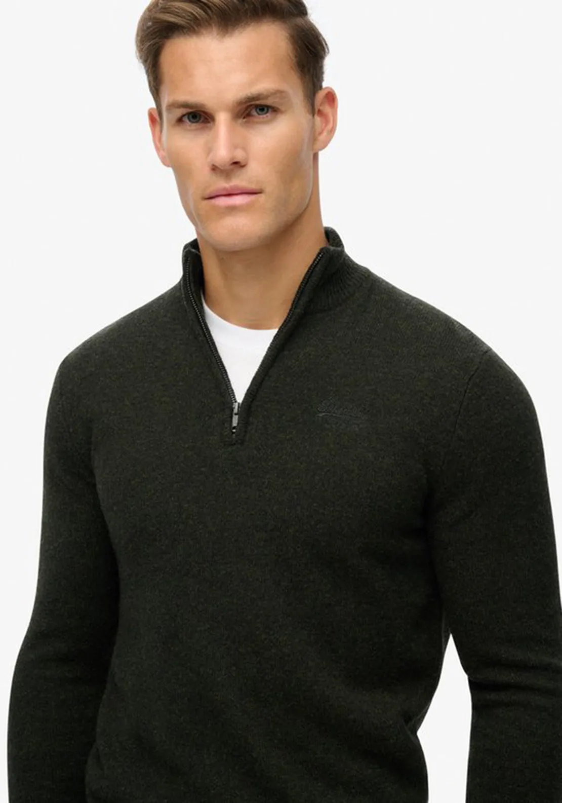 Superdry Essential Embroidered Knit Quarter Zip Sweater, Dark Moss Green