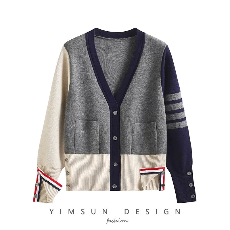 tbb college style classic four-stripe knitted cardigan for women 2021 autumn v-neck color-blocked thin long-sleeved sweater jack