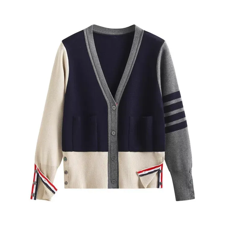 tbb college style classic four-stripe knitted cardigan for women 2021 autumn v-neck color-blocked thin long-sleeved sweater jack