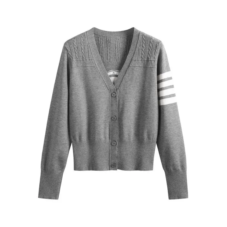 tbb new 2022 early autumn puppy badge v-neck sweater college style four-bar jacquard cardigan women's long-sleeved jacket