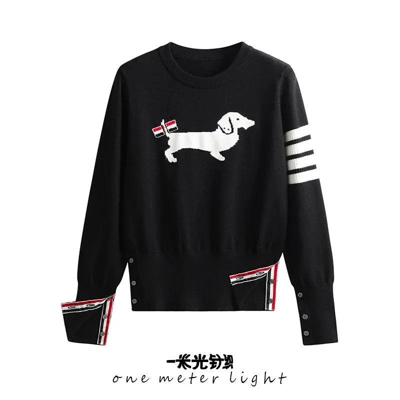 tbb new college style age-reducing puppy jacquard round neck sweater striped bottoming shirt slim slim top for women