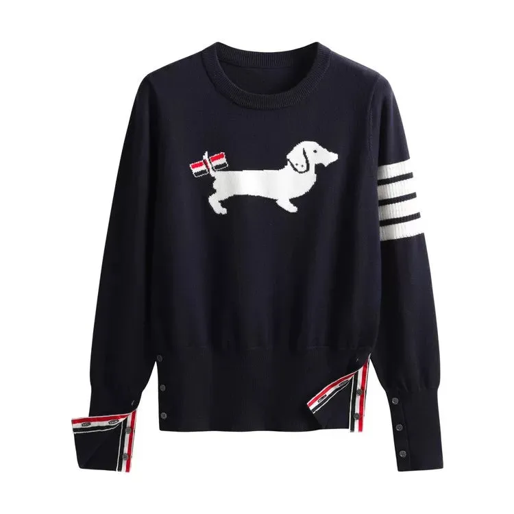 tbb new college style age-reducing puppy jacquard round neck sweater striped bottoming shirt slim slim top for women