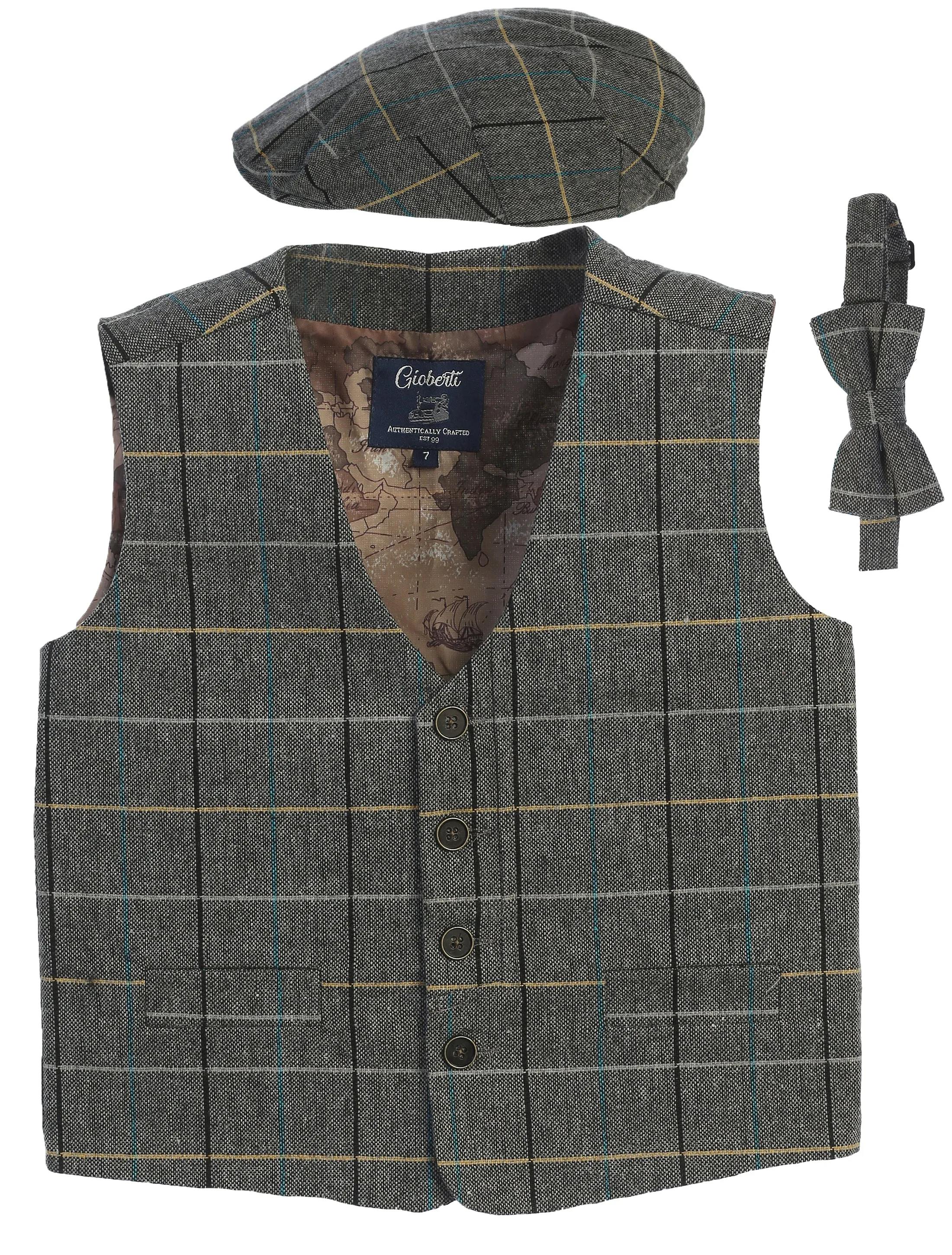 TODDLER'S, KID'S AND BOYS 3 PCS TWEED VEST, BOW TIE, AND CAP SET