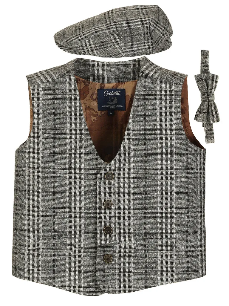 TODDLER'S, KID'S AND BOYS 3 PCS TWEED VEST, BOW TIE, AND CAP SET