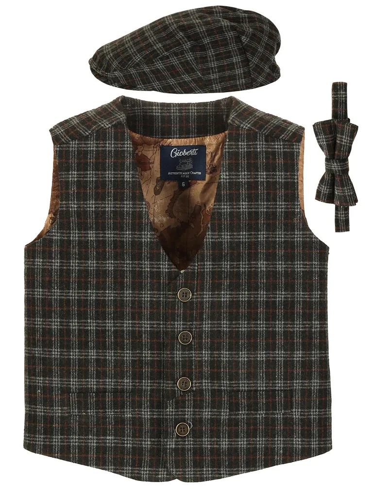 TODDLER'S, KID'S AND BOYS 3 PCS TWEED VEST, BOW TIE, AND CAP SET