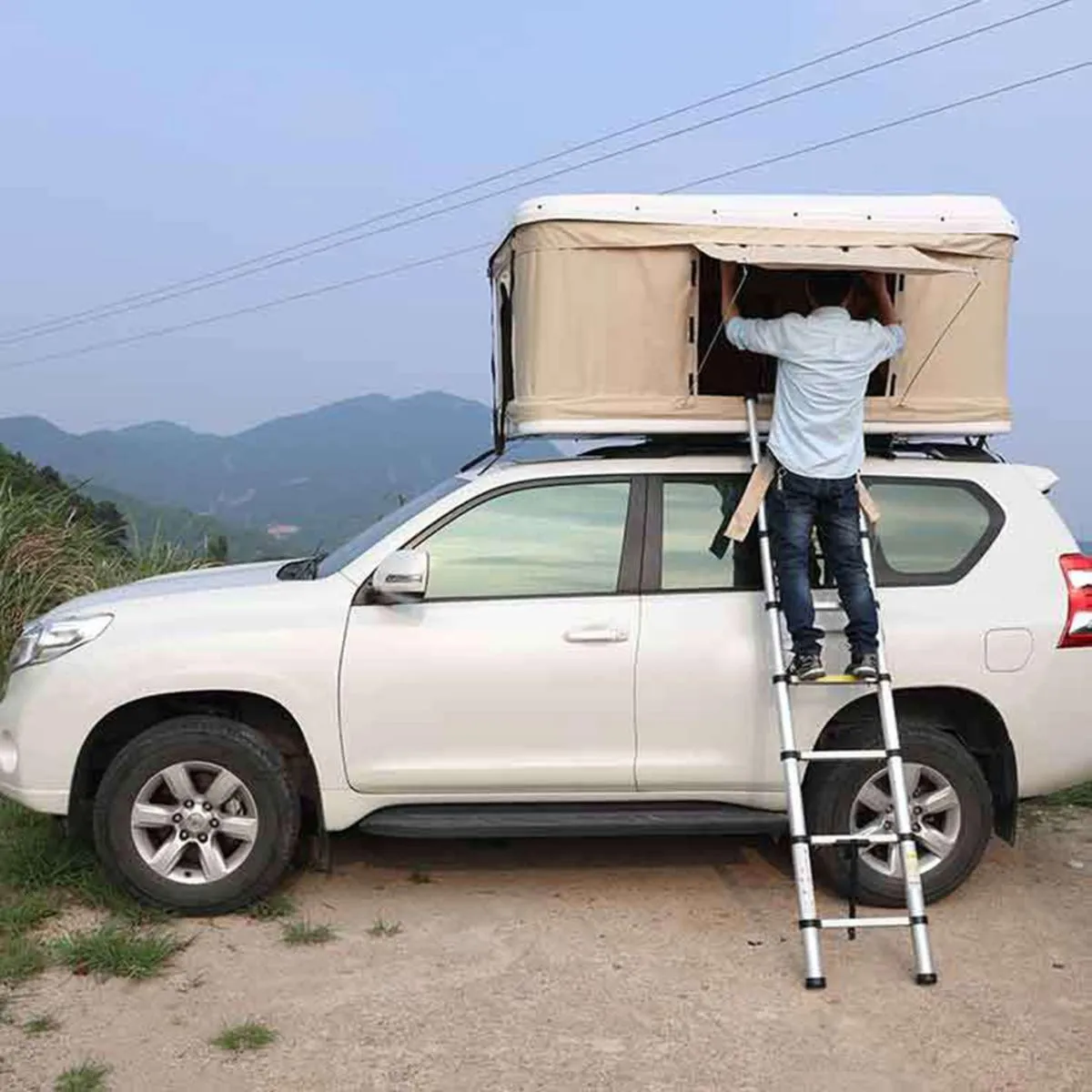 Trustmade White Hard Shell Beige Rooftop Tent 2mins Setup 100% Waterproof 50mm Mattress