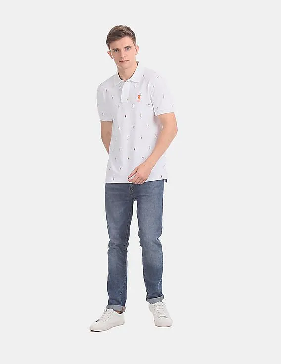 U.S. Polo Assn. Men White Allover Brand Print Cotton Stretch Polo Shirt