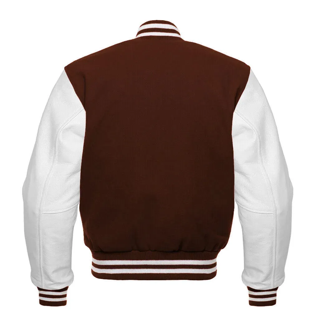 Varsity Brown Letterman Baseball Wool & White Real Leather Sleeves Jacket