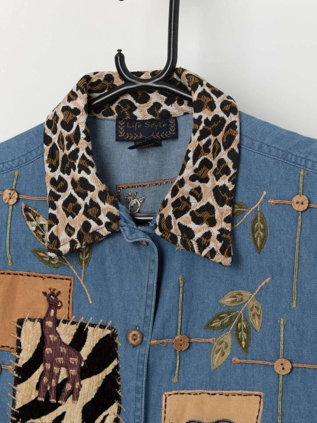 Vintage denim vest with animal safari embroidered design – Medium / Large