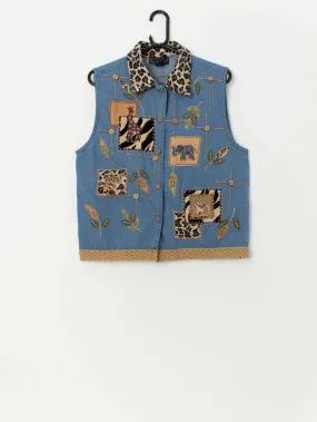 Vintage denim vest with animal safari embroidered design – Medium / Large