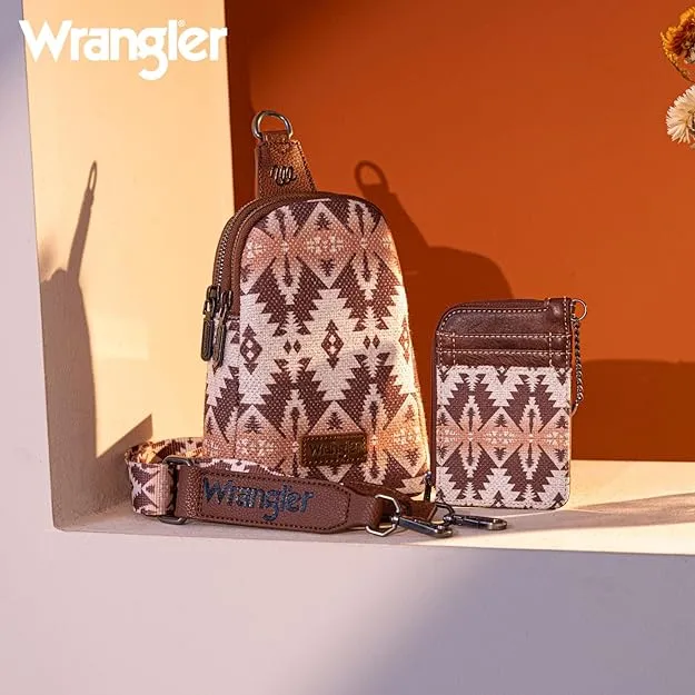 WG2205-210W  Wrangler Aztec Print Crossbody Sling Chest Bag With Zip Card Holder Set -Light Coffee