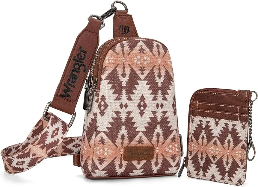 WG2205-210W  Wrangler Aztec Print Crossbody Sling Chest Bag With Zip Card Holder Set -Light Coffee