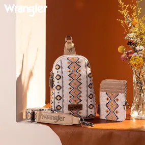 WG2205-210W  Wrangler Aztec Print Crossbody Sling Chest Bag With Zip Card Holder Set -Tan