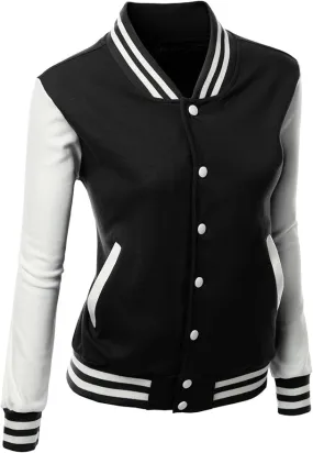 Women's Stylish Color Contrast Long Sleeves Varsity Jacket-02