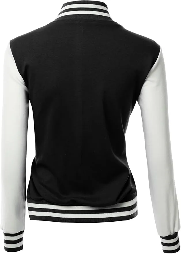 Women's Stylish Color Contrast Long Sleeves Varsity Jacket-02