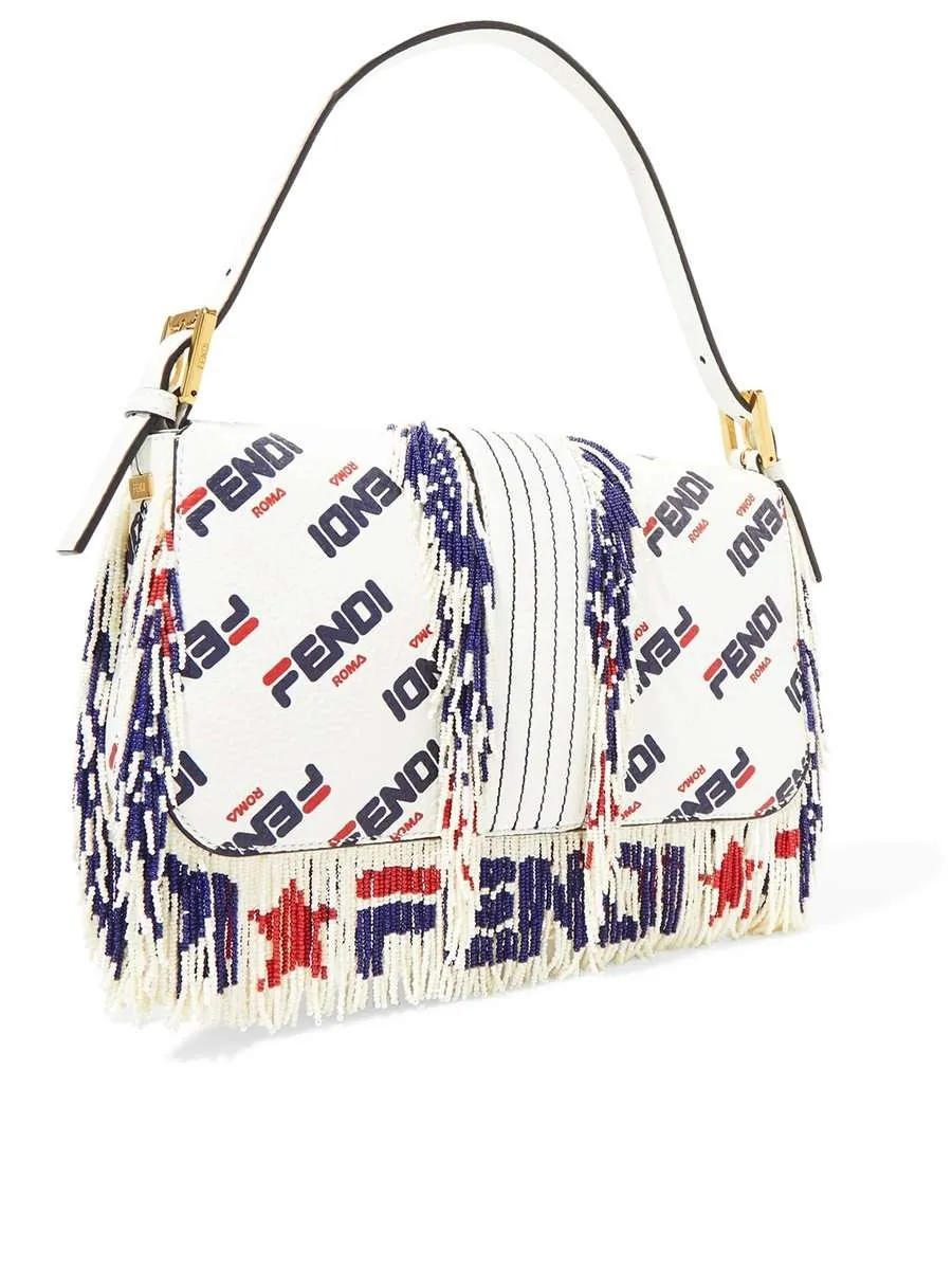 X FILA Mania Logo Beaded Trim Baguette Leather Shoulder Bag