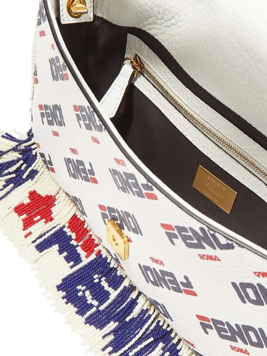 X FILA Mania Logo Beaded Trim Baguette Leather Shoulder Bag