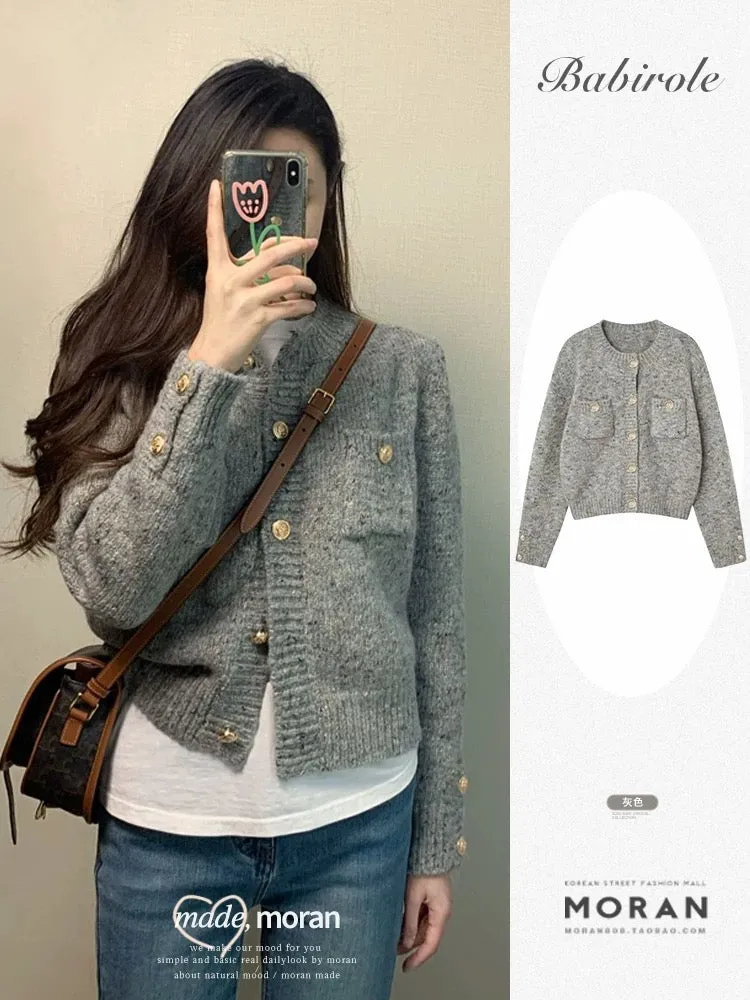 Xiaoxiangfeng retro sweater jacket autumn and winter women's gray soft waxy knitted cardigan loose lazy style 2024 new style