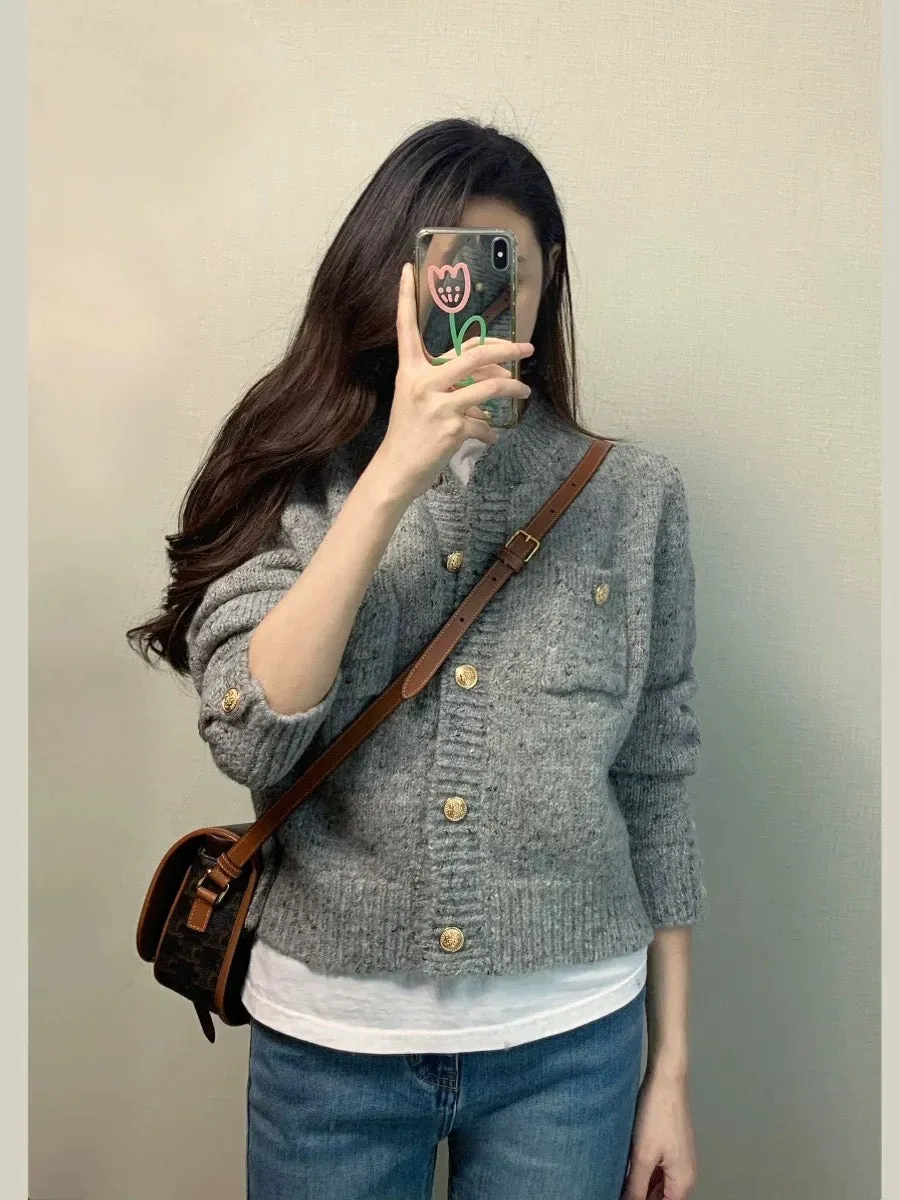 Xiaoxiangfeng retro sweater jacket autumn and winter women's gray soft waxy knitted cardigan loose lazy style 2024 new style