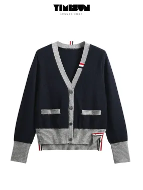 Yimi Guang's new autumn style ribbon color-blocking pocket knitted cardigan for women with v-neck slimming and high-end casual s