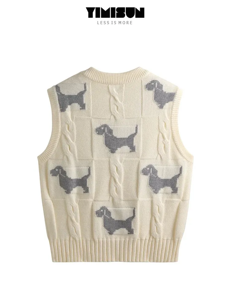 YIMISUN autumn and winter new heavy industry puppy jacquard embroidered round neck sleeveless sweater layered design vest