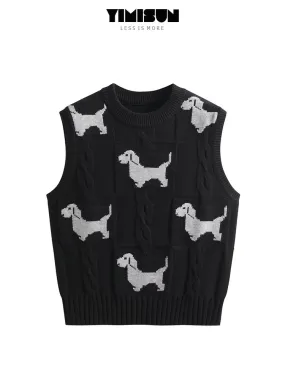 YIMISUN autumn and winter new heavy industry puppy jacquard embroidered round neck sleeveless sweater layered design vest