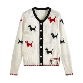 YIMISUN Colorful Puppy Jacquard Knitted Cardigan Women's Hollow Mesh Design Round Neck Slim Casual Jacket