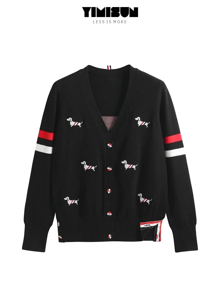 YIMISUN heavy industry v-neck puppy embroidered sleeves contrasting striped knitted cardigan women's spring and autumn loose tem