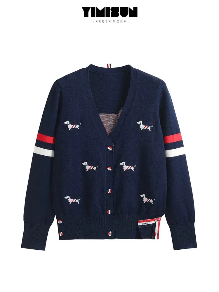 YIMISUN heavy industry v-neck puppy embroidered sleeves contrasting striped knitted cardigan women's spring and autumn loose tem