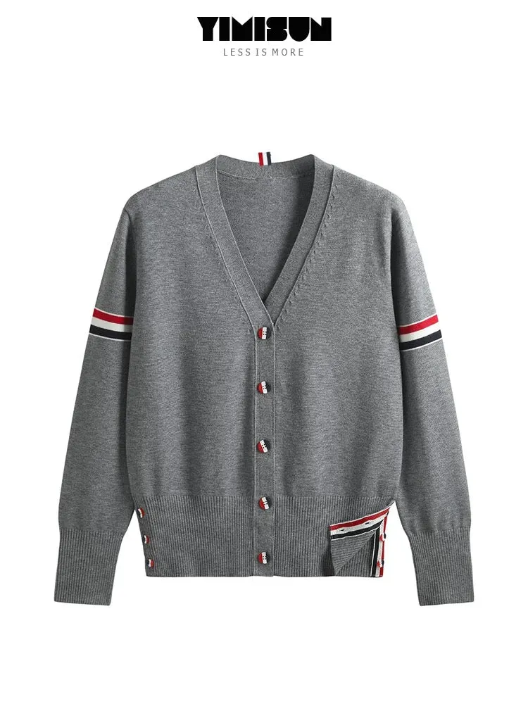 YIMISUN Korean style college style double-sleeved colorful striped V-neck contrasting color versatile button knitted cardigan wo