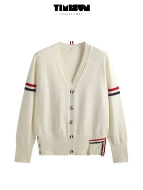 YIMISUN Korean style college style double-sleeved colorful striped V-neck contrasting color versatile button knitted cardigan wo