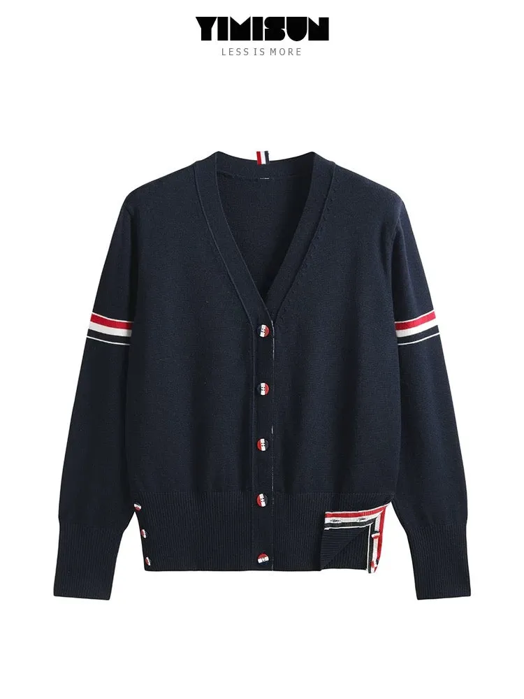 YIMISUN Korean style college style double-sleeved colorful striped V-neck contrasting color versatile button knitted cardigan wo