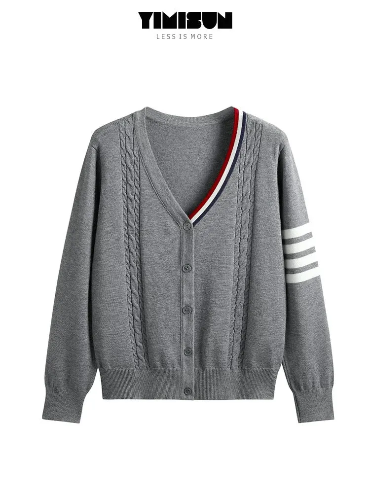 YIMISUN Korean style four-stripe v-neck contrasting twist design knitted cardigan women's long-sleeved loose versatile jacket