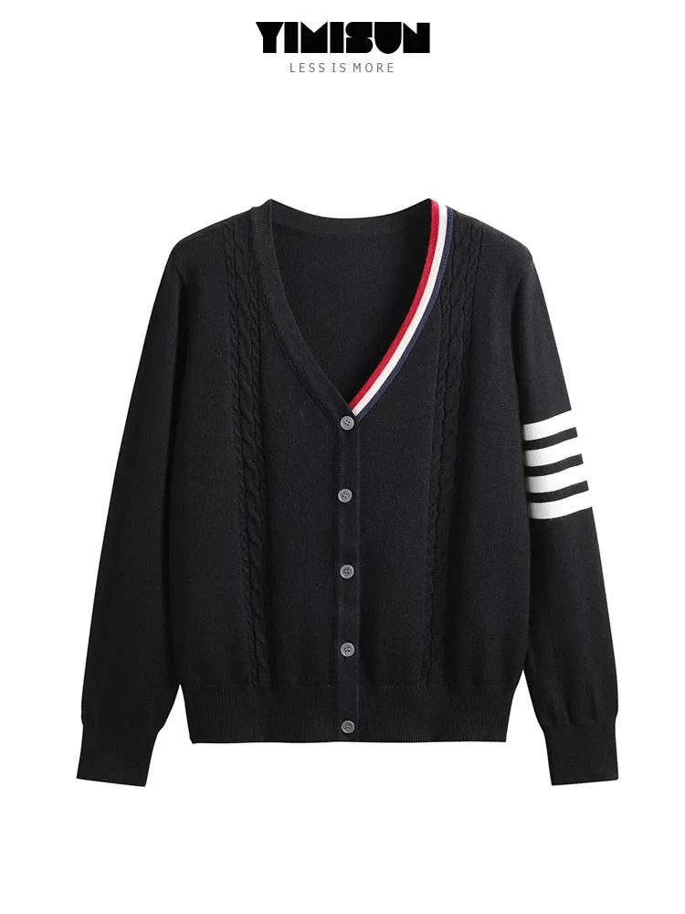 YIMISUN Korean style four-stripe v-neck contrasting twist design knitted cardigan women's long-sleeved loose versatile jacket