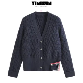 YIMISUN new heavy industry age-reducing V-neck buttoned simple loose twist knitted cardigan cable jacket women's top