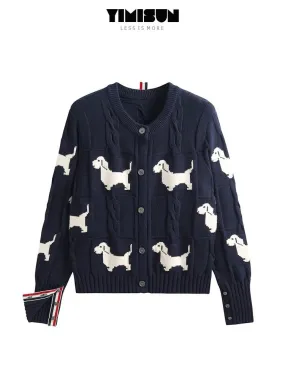 YIMISUN versatile design dog jacquard twist lazy round neck knitted cardigan women's top short jacket